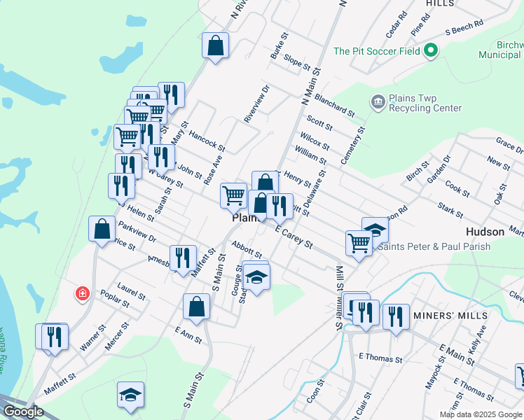 map of restaurants, bars, coffee shops, grocery stores, and more near 35-37 West Merritt Street in Wilkes-Barre