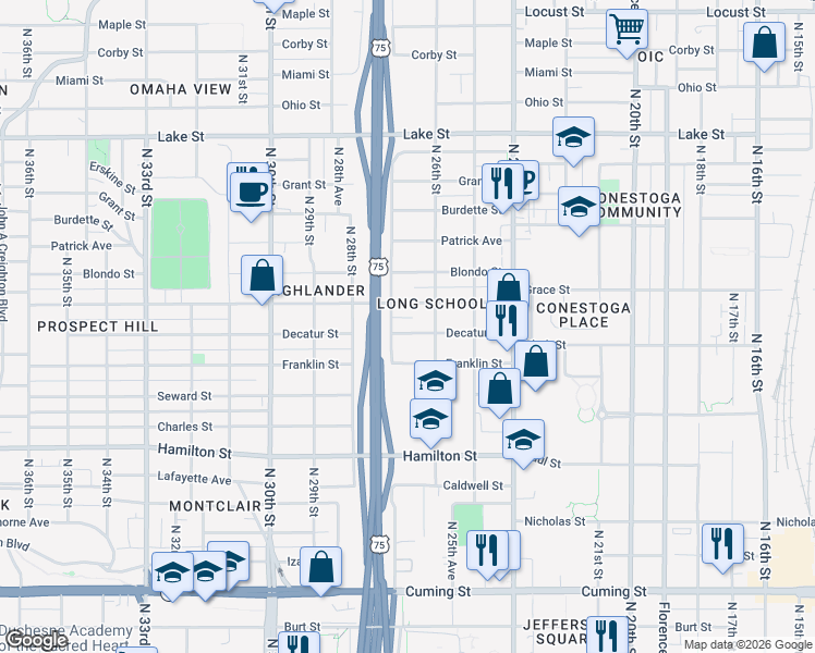 map of restaurants, bars, coffee shops, grocery stores, and more near 2609 Decatur Street in Omaha