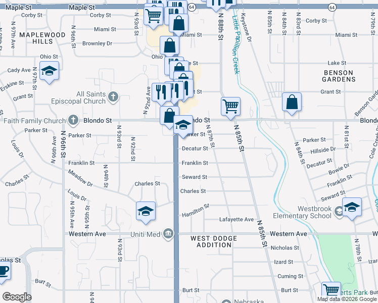 map of restaurants, bars, coffee shops, grocery stores, and more near 8824 Franklin Street in Omaha