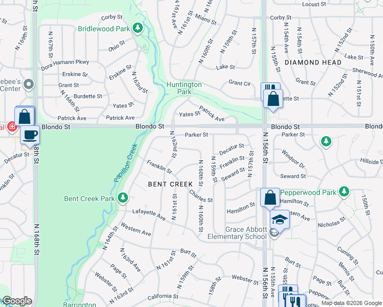 map of restaurants, bars, coffee shops, grocery stores, and more near 16006 Franklin Street in Omaha