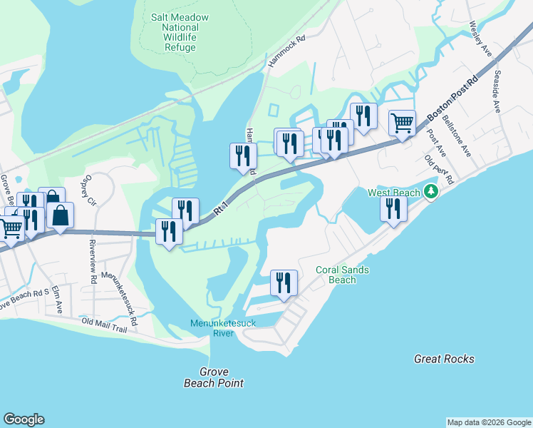 map of restaurants, bars, coffee shops, grocery stores, and more near 55 Hammock Road South in Westbrook