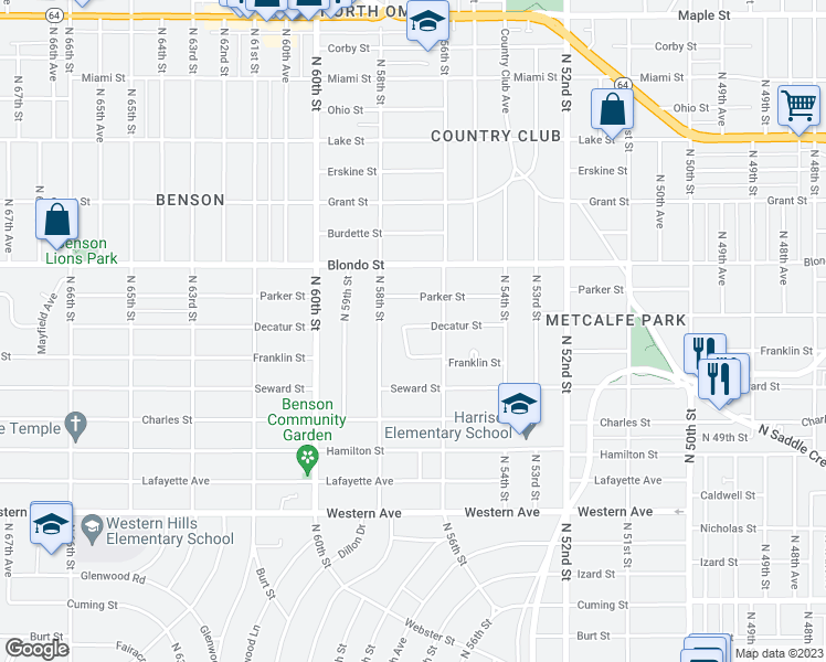 map of restaurants, bars, coffee shops, grocery stores, and more near 1727 North 57th Avenue in Omaha