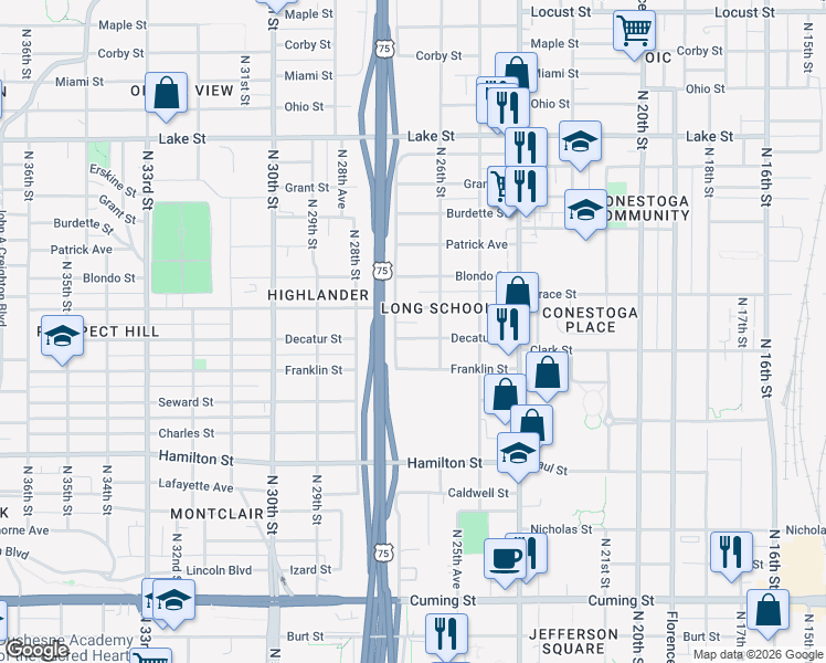 map of restaurants, bars, coffee shops, grocery stores, and more near 2609 Decatur Street in Omaha
