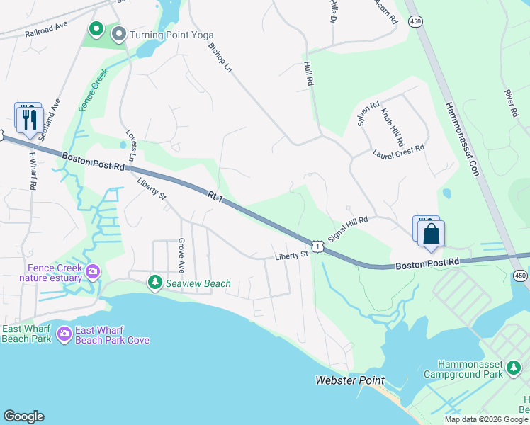 map of restaurants, bars, coffee shops, grocery stores, and more near 1071 Boston Post Road in Madison