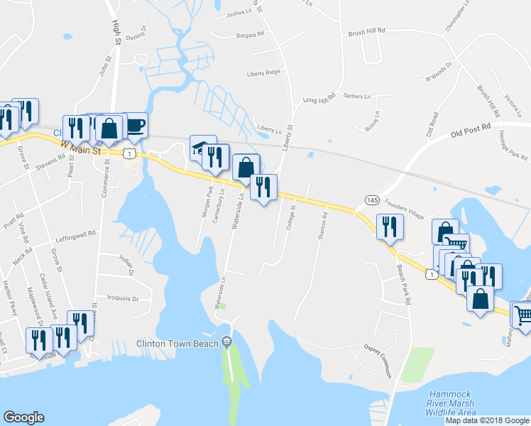 map of restaurants, bars, coffee shops, grocery stores, and more near 114 East Main Street in Clinton