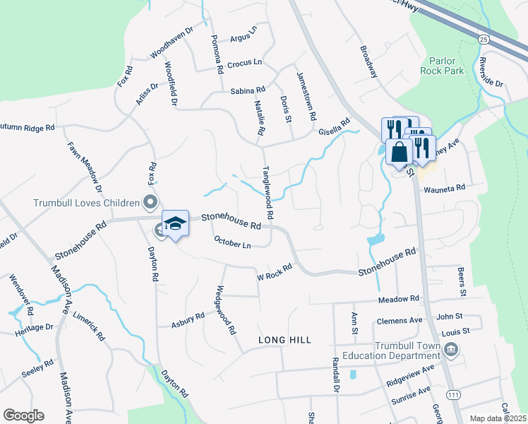map of restaurants, bars, coffee shops, grocery stores, and more near 25 Tanglewood Road in Trumbull