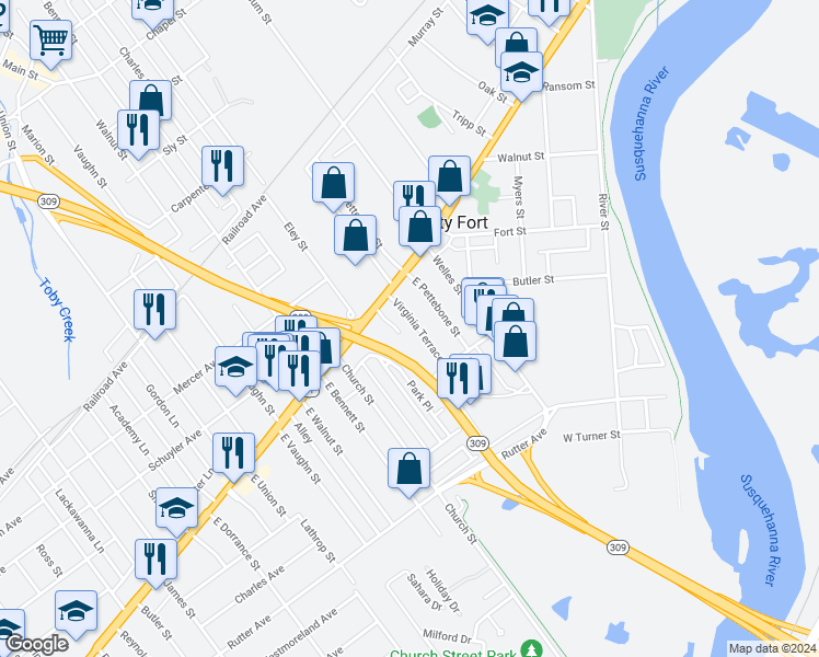 map of restaurants, bars, coffee shops, grocery stores, and more near 905 Wyoming Avenue in Kingston