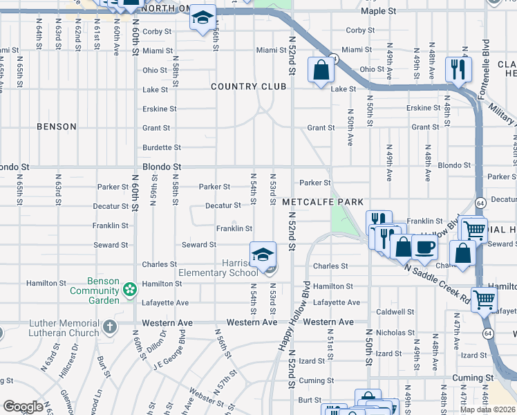 map of restaurants, bars, coffee shops, grocery stores, and more near 1711 North 54th Street in Omaha