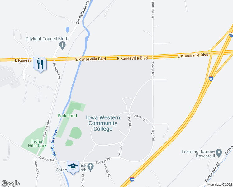 map of restaurants, bars, coffee shops, grocery stores, and more near 2800 College Road in Council Bluffs
