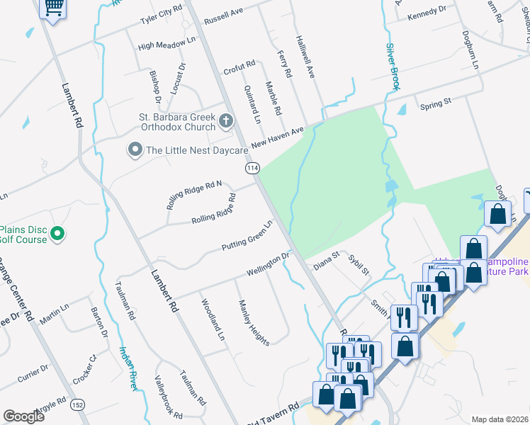 map of restaurants, bars, coffee shops, grocery stores, and more near 424 Racebrook Road in Orange