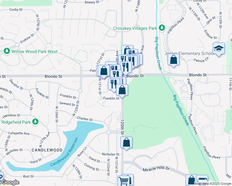 map of restaurants, bars, coffee shops, grocery stores, and more near 1702 120th Street in Omaha