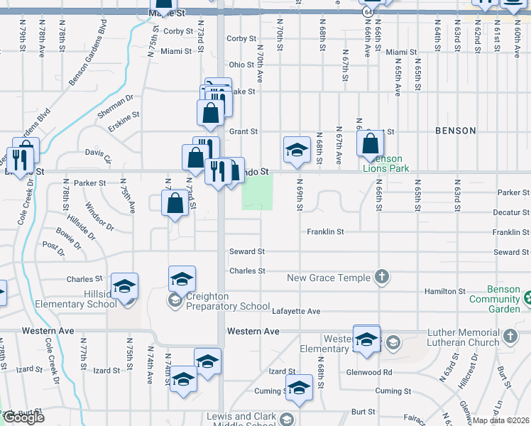 map of restaurants, bars, coffee shops, grocery stores, and more near 1717 North 70th Avenue in Omaha