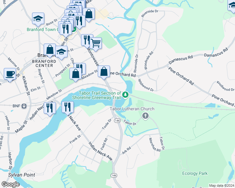 map of restaurants, bars, coffee shops, grocery stores, and more near 9 South Montowese Street in Branford