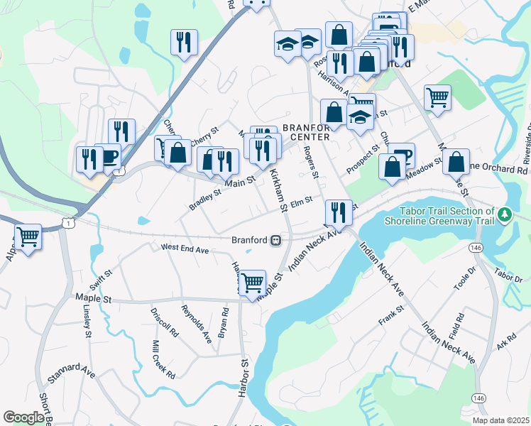 map of restaurants, bars, coffee shops, grocery stores, and more near 69 Elm Street in Branford