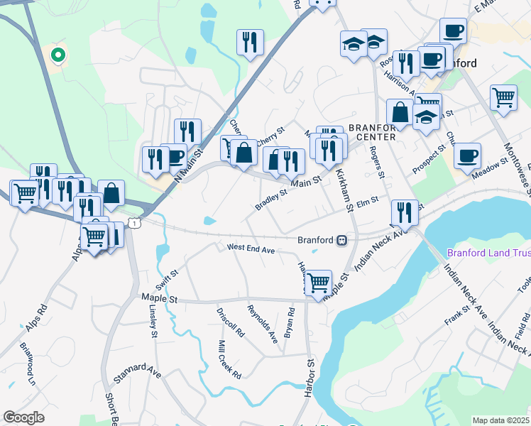 map of restaurants, bars, coffee shops, grocery stores, and more near 43-45 North Harbor Street in Branford