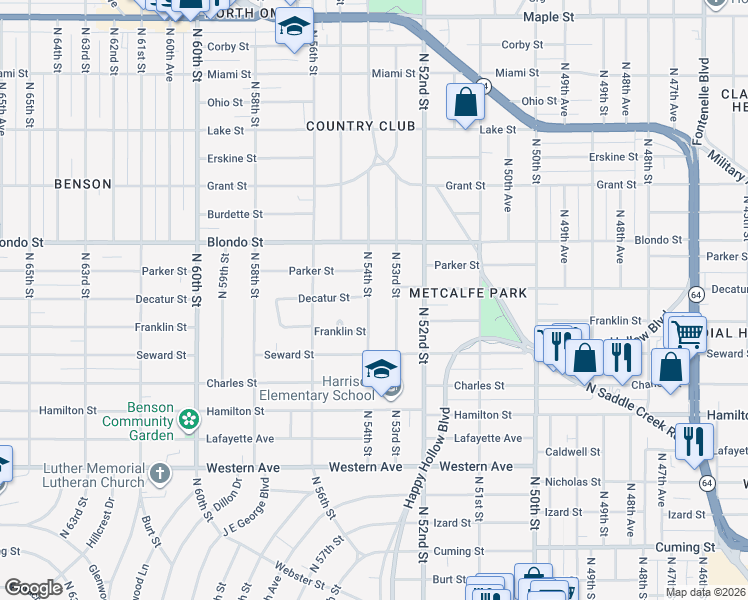 map of restaurants, bars, coffee shops, grocery stores, and more near 1711 North 54th Street in Omaha