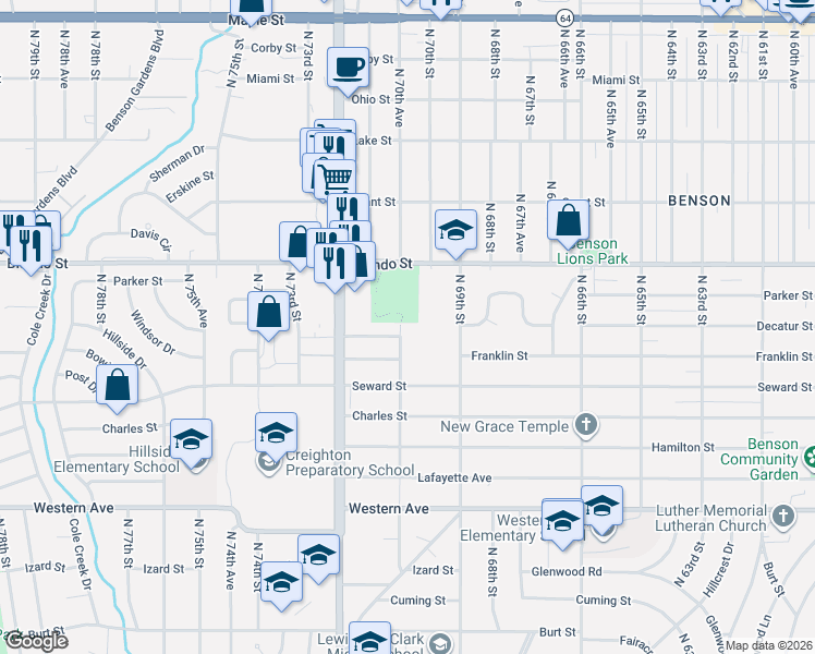 map of restaurants, bars, coffee shops, grocery stores, and more near 1717 North 70th Avenue in Omaha
