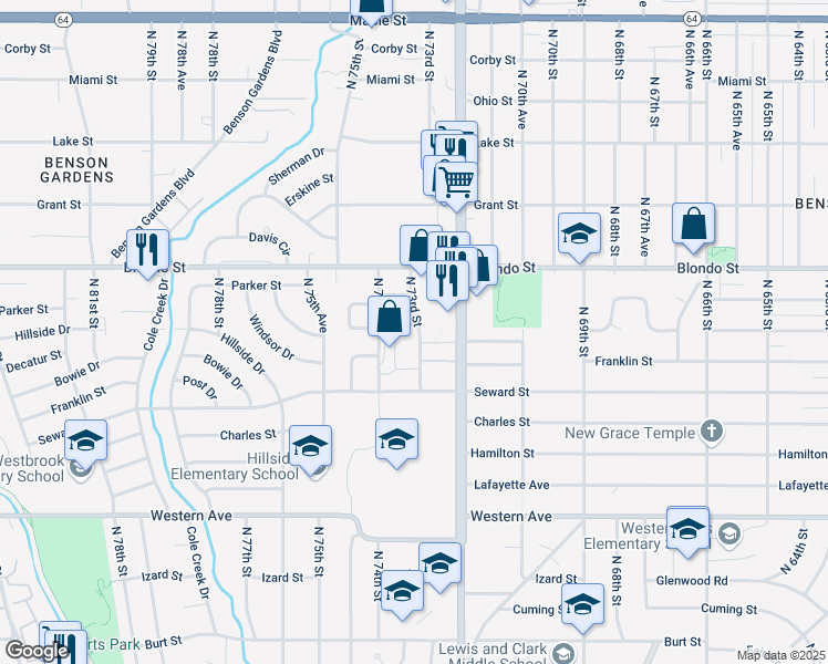 map of restaurants, bars, coffee shops, grocery stores, and more near 1710 North 73rd Street in Omaha