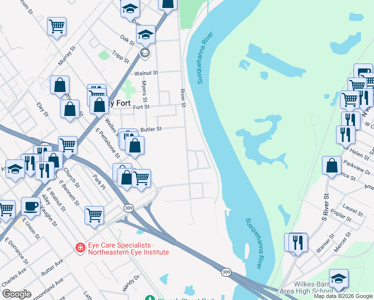 map of restaurants, bars, coffee shops, grocery stores, and more near River Street in Kingston