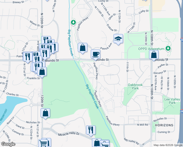 map of restaurants, bars, coffee shops, grocery stores, and more near 1809 North 115th Plaza in Omaha