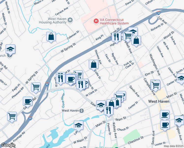 map of restaurants, bars, coffee shops, grocery stores, and more near 223 York Street in West Haven