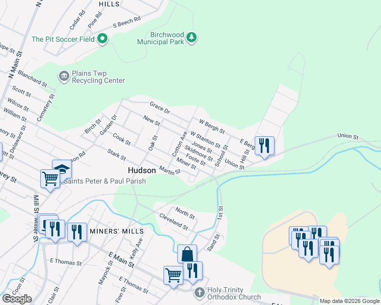 map of restaurants, bars, coffee shops, grocery stores, and more near 54 Skidmore Street in Wilkes-Barre