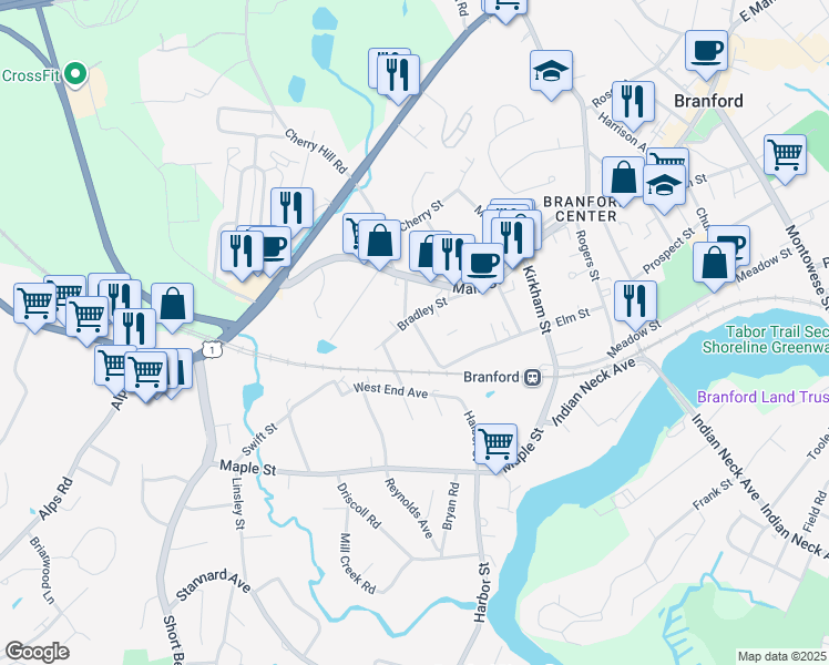 map of restaurants, bars, coffee shops, grocery stores, and more near 43-45 North Harbor Street in Branford