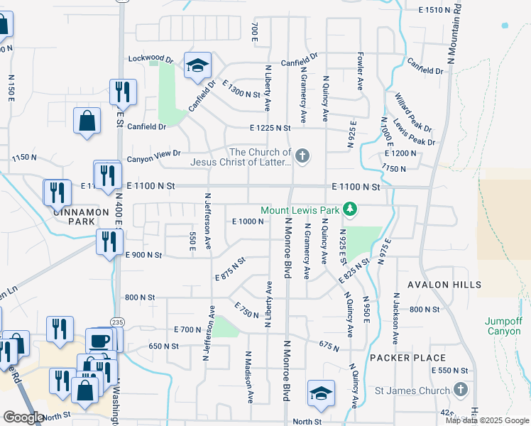 map of restaurants, bars, coffee shops, grocery stores, and more near 990 North Liberty Avenue in Ogden