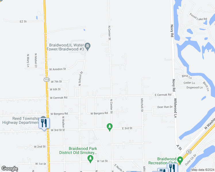 map of restaurants, bars, coffee shops, grocery stores, and more near 122 West Bodine Drive in Braidwood