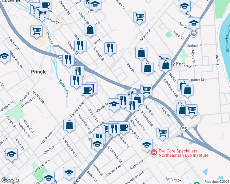 map of restaurants, bars, coffee shops, grocery stores, and more near 740-748 Mercer Avenue in Kingston