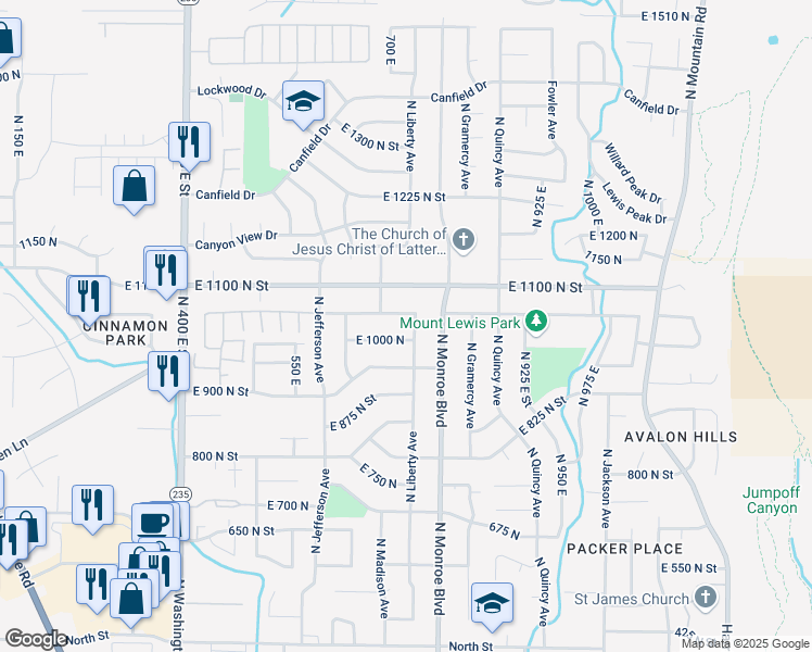 map of restaurants, bars, coffee shops, grocery stores, and more near 990 North Liberty Avenue in Ogden