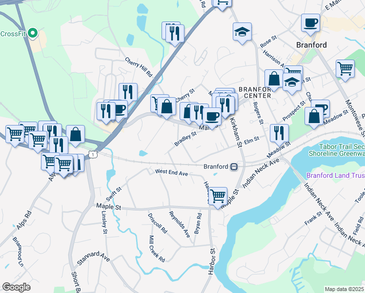 map of restaurants, bars, coffee shops, grocery stores, and more near 43-45 North Harbor Street in Branford