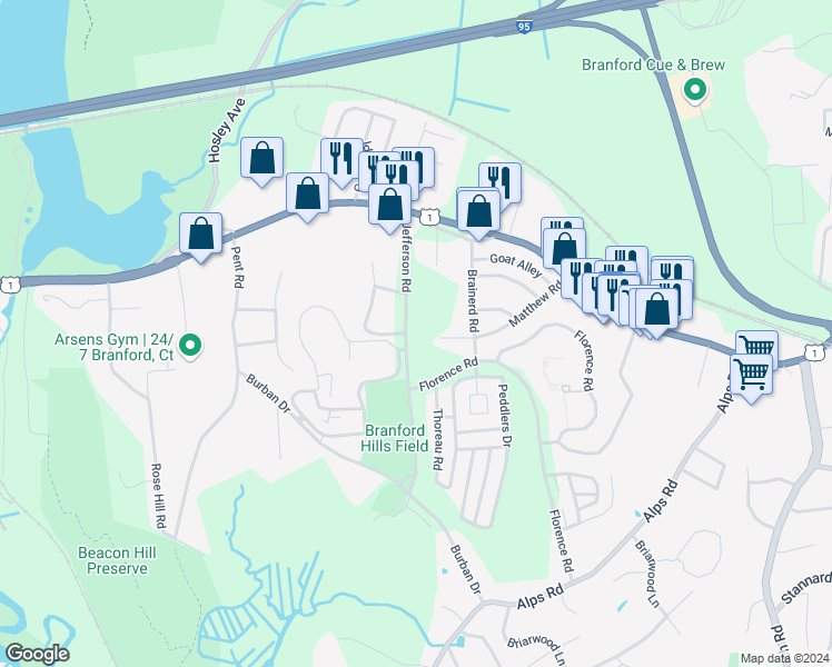 map of restaurants, bars, coffee shops, grocery stores, and more near 62 Matthew Road in Branford
