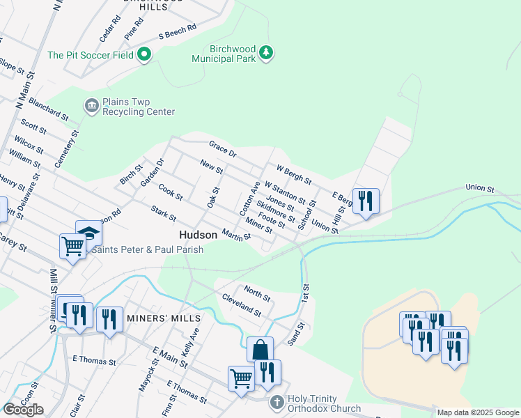 map of restaurants, bars, coffee shops, grocery stores, and more near 76-80 Miner St in Wilkes-Barre