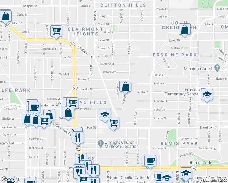 map of restaurants, bars, coffee shops, grocery stores, and more near 4304 Franklin Street in Omaha