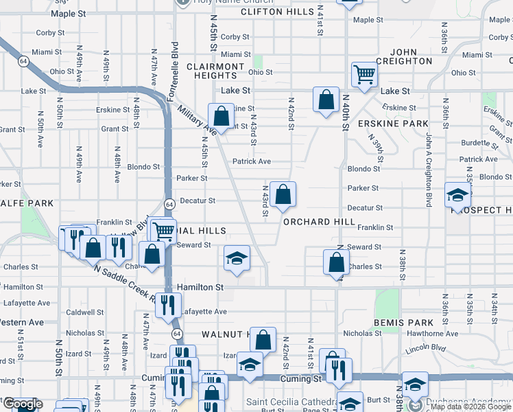 map of restaurants, bars, coffee shops, grocery stores, and more near 4304 Franklin Street in Omaha