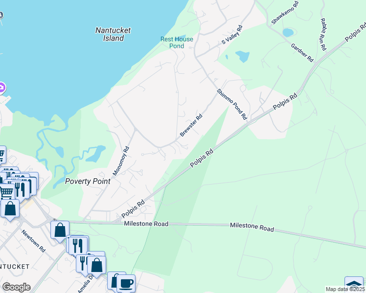 map of restaurants, bars, coffee shops, grocery stores, and more near 27 Brewster Road in Nantucket