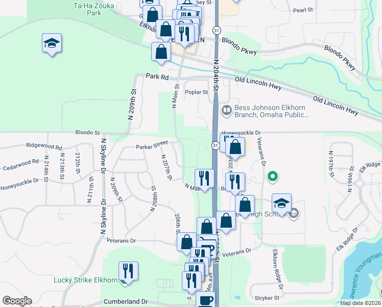 map of restaurants, bars, coffee shops, grocery stores, and more near 1711 206th Street in Omaha