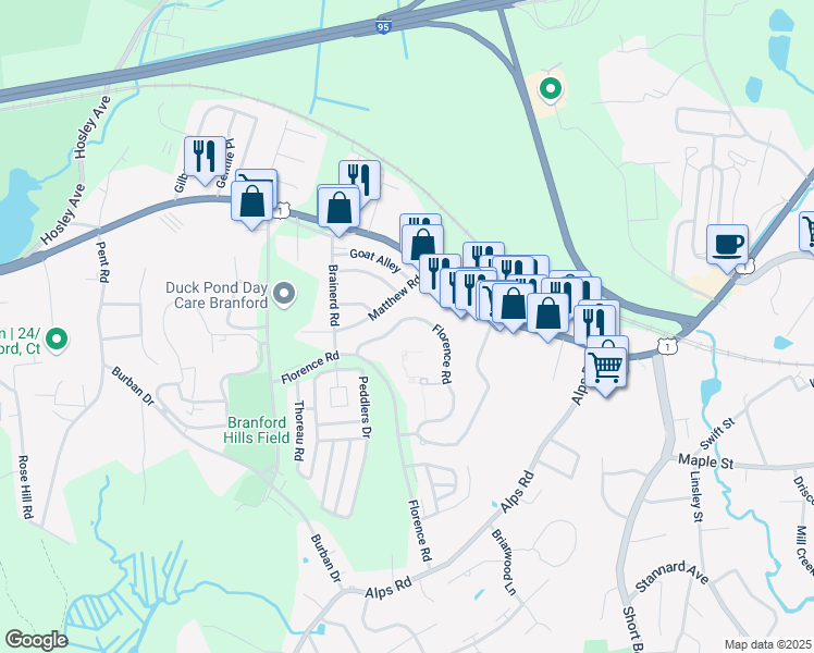 map of restaurants, bars, coffee shops, grocery stores, and more near 65 Florence Road in Branford