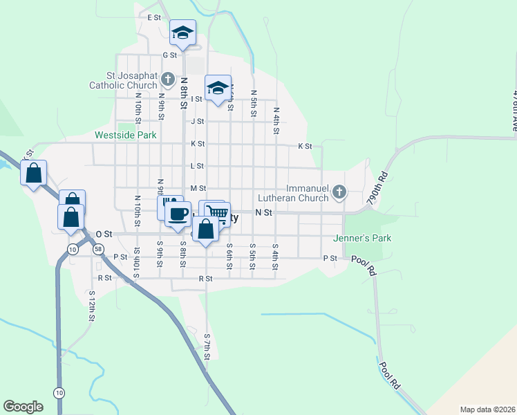 map of restaurants, bars, coffee shops, grocery stores, and more near 2-98 North 5th Street in Loup City