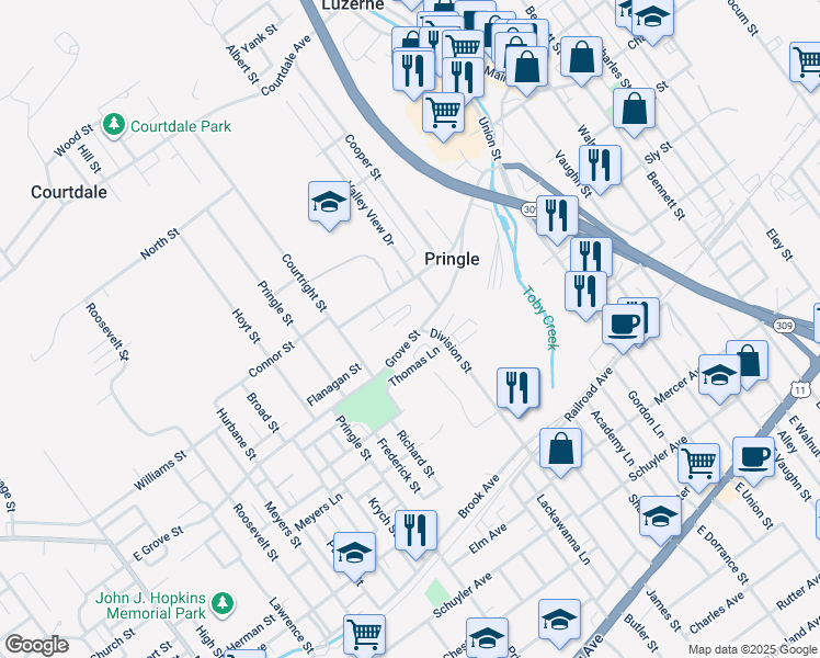 map of restaurants, bars, coffee shops, grocery stores, and more near 466 Grove Street in Pringle