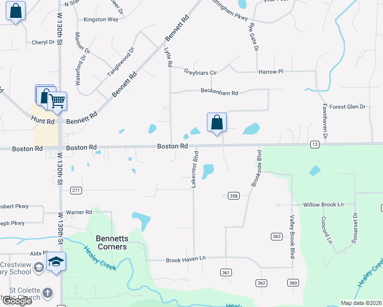map of restaurants, bars, coffee shops, grocery stores, and more near 36 Lakecrest Boulevard in Hinckley