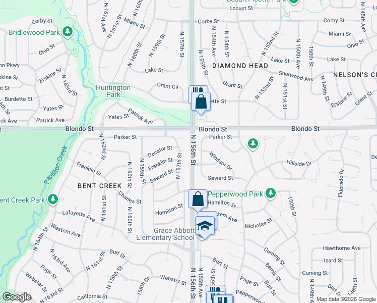 map of restaurants, bars, coffee shops, grocery stores, and more near 15616 Franklin Circle in Omaha