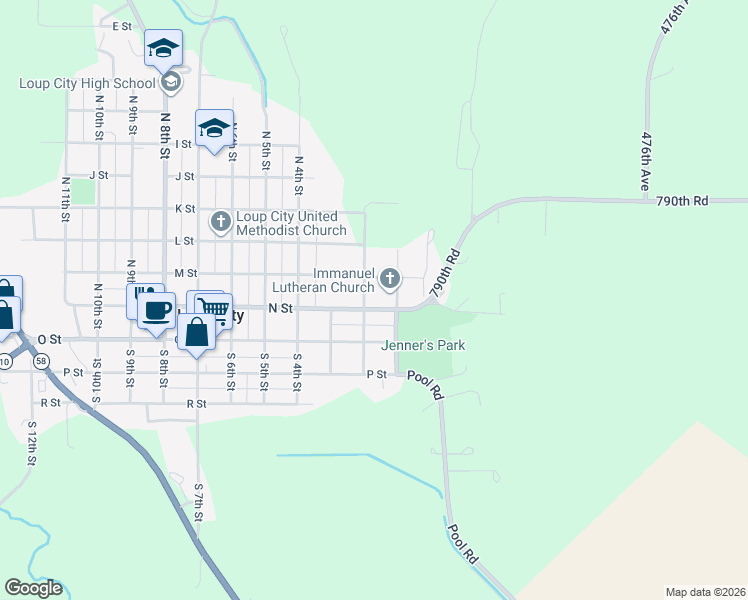 map of restaurants, bars, coffee shops, grocery stores, and more near 101-213 N Street in Loup City