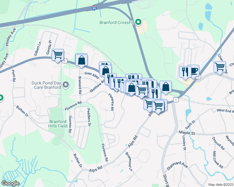 map of restaurants, bars, coffee shops, grocery stores, and more near 845 West Main Street in Branford