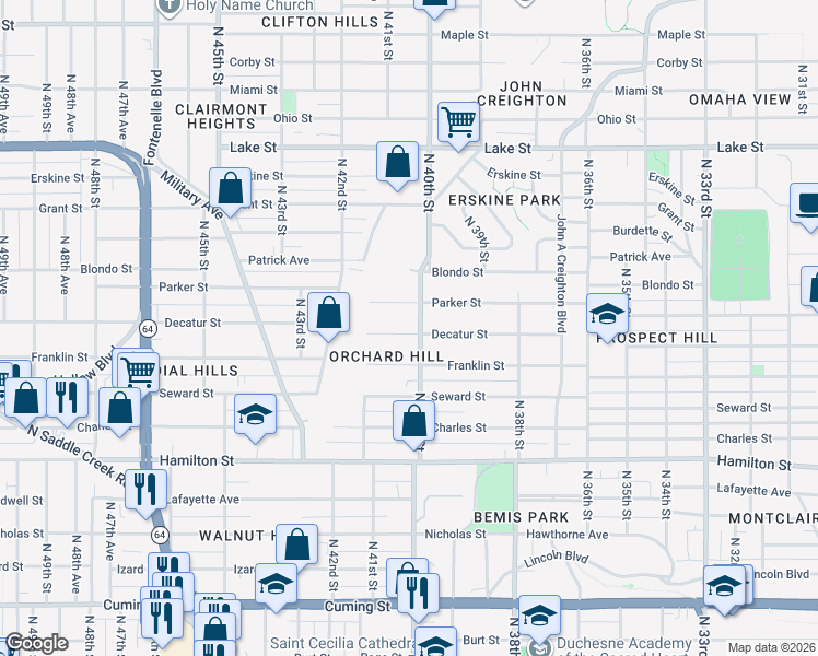 map of restaurants, bars, coffee shops, grocery stores, and more near 4007 Decatur Street in Omaha