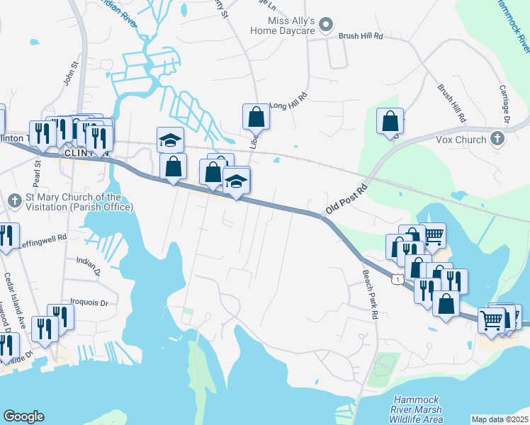 map of restaurants, bars, coffee shops, grocery stores, and more near 4 College Street in Clinton