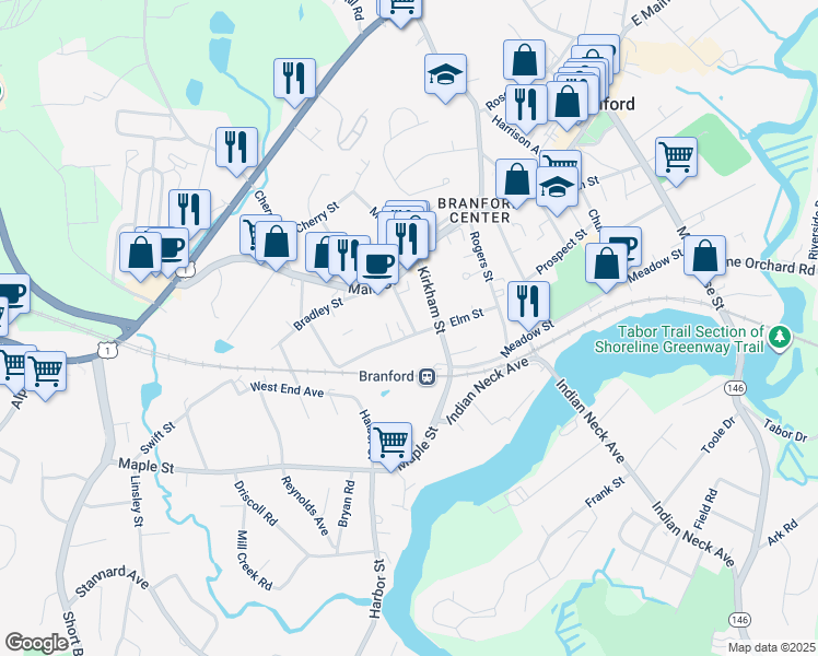 map of restaurants, bars, coffee shops, grocery stores, and more near 69 Elm Street in Branford
