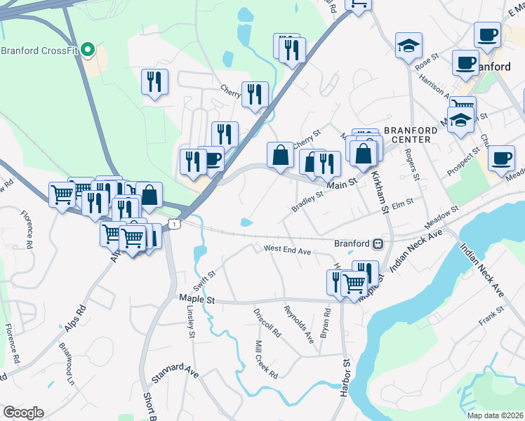 map of restaurants, bars, coffee shops, grocery stores, and more near 43 Home Place in Branford