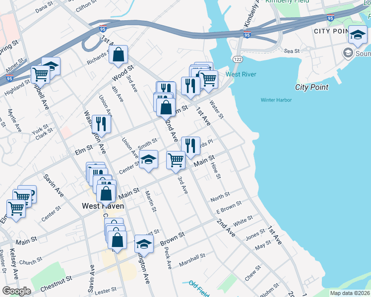 map of restaurants, bars, coffee shops, grocery stores, and more near 141 Main Street in West Haven
